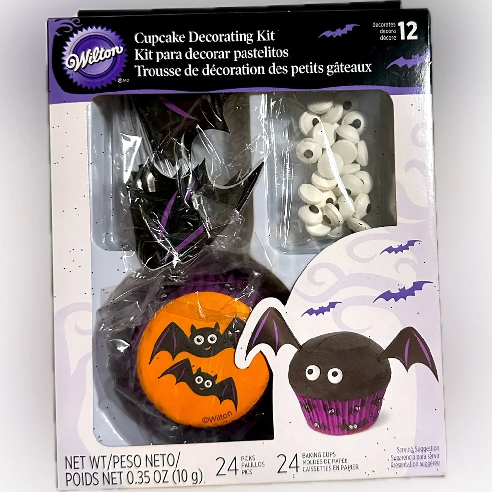 WILTON HALLOWEEN BAT CUPCAKE KIT BLACK ORANGE 12 DECOR 24 BAKING CUPS LINERS